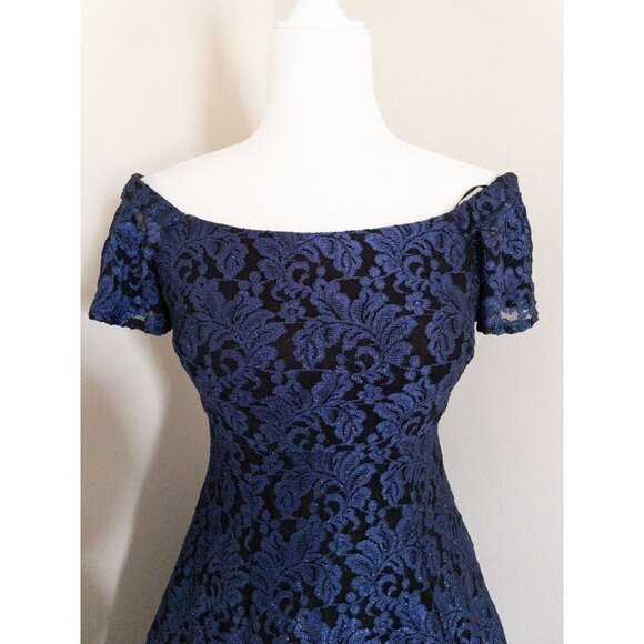 Vintage 2000s Off-Shoulder Blue & Black Glitter Lace Lined Dress S Prom - Picture 14 of 14